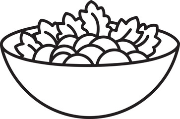 Simple Line Art Illustration of a Bowl of Salad with Lettuce and Round Ingredients