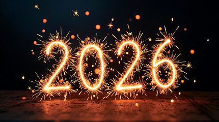 Sparkling fireworks display forming the illuminated number 2026 against a dark backdrop.