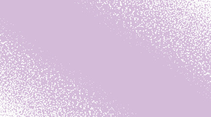 Vector illustration of white scattered dots corner frame with gradient density transition on purple background for decorative border design. Trendy grain texture