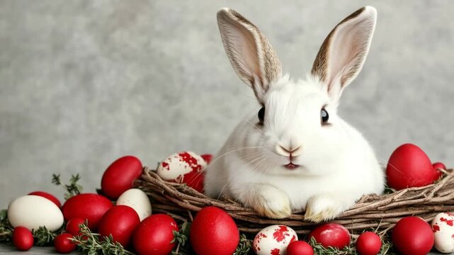 Adorable white rabbit with prominent ears is nestled in a decorative nest filled with bright red and white eggs, creating a cheerful ambiance ideal for spring festivities and holiday themes