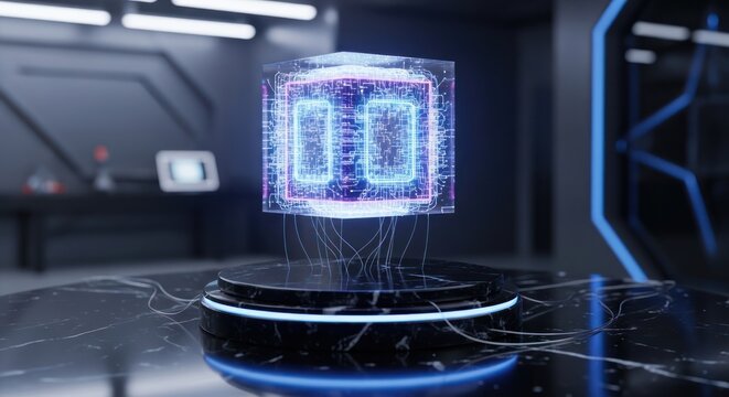 Glowing purple and blue digital cube hovers above a futuristic