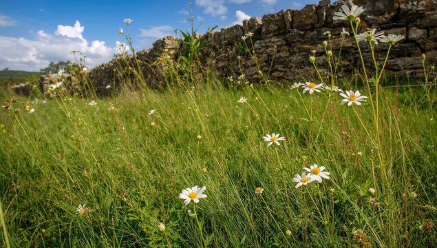 Wildflowers of Bidens pilosa with white petals and green leaves against a natural backdrop