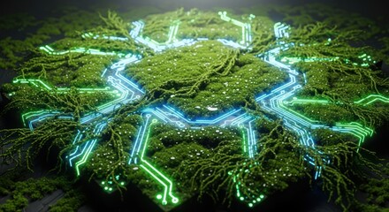 Glowing blue and green neon circuit pathways on a mossy surface with
