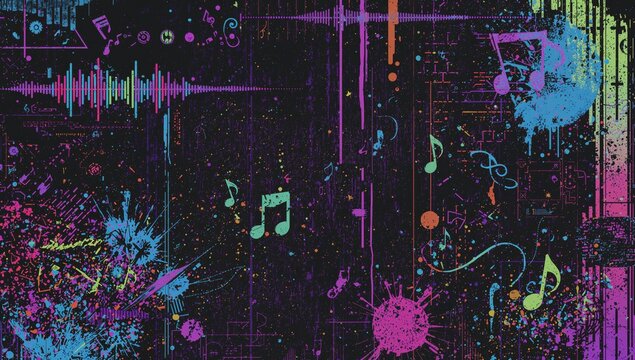 Retro style grunge music themed illustration with musical notes