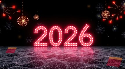 New Year 2026 winter snow holiday night stars fireworks