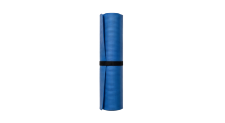 Rolled blue exercise mat strapped tight