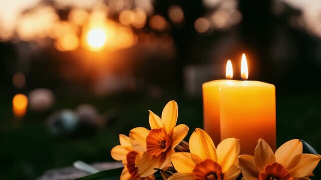 Bright yellow daffodils are beautifully arranged next to a glowing orange candle, creating a warm and inviting ambiance during sunset, with a soft bokeh background enhancing the tranquil atmosphere