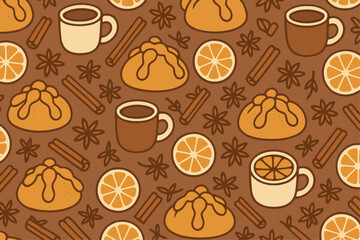 Pan de Muerto with Hot Chocolate &mdash; Cozy Seamless Vector Food Pattern for D&iacute;a de Muertos