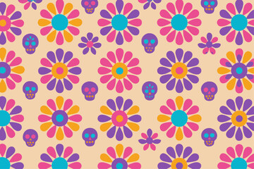 Fototapeta premium Sugar Skull Rosette Mandalas — Vibrant Seamless Vector Pattern for Day of the Dead