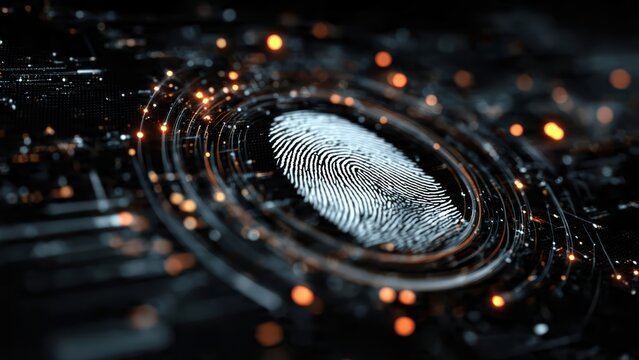 A close-up view of a digital fingerprint overlaid on a circuit board, illuminated by glowing particles, representing technology and security.