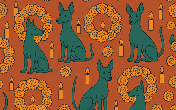 Xoloitzcuintli with Marigold Wreaths &mdash; Seamless Vector Pattern for Day of the Dead