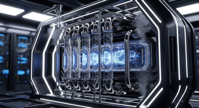 Close-up of a futuristic server room with illuminated blue circuit