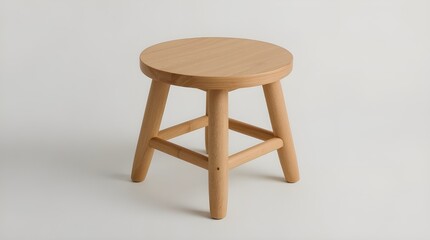 A polished and minimalistic wooden stool on a white background. The stool features two sets of horizontal supports connecting the legs for added stability. 