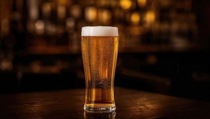 Glass of light beer on a dark bar, suitable for social gatherings