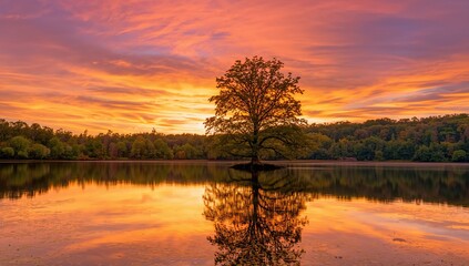 Obraz premium Breathtaking view of the sun setting beyond a tranquil lake