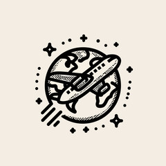 Obraz premium Hand drawn illustration of an airplane flying around the Earth globe, symbolizing global travel, world exploration, and international journey.
