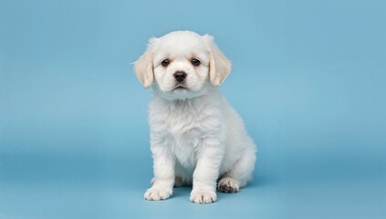 Obraz premium Adorable Continental Toy Spaniel puppy on a blue backdrop, focus on companionship