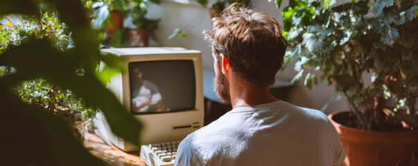 Focused young man working on vintage computer surrounded by green plants. View from behind shows nostalgic and quiet home office setup