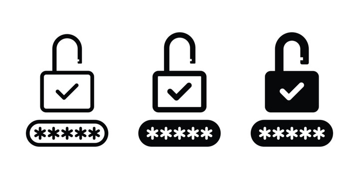 Security icon. Password icon. Open padlock with password input and check mark for digital access. Unlocked padlock icon
