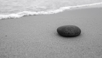 Minimalistic black and white pebble resting on an ocean beach, suitable for editorial backdrop