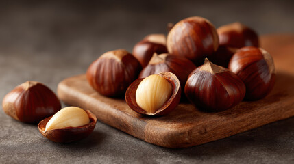 Obraz premium Warm roasted chestnut healthy brown food nut snack on wood board. simple and comforting gourmet treat for autumn season cooking
