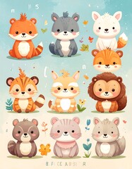 Obraz premium Adorable cartoon collection featuring nine diverse and cheerful forest creatures