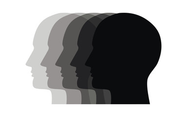 Vector illustration of monochrome overlapping human head silhouettes in gray colors representing diversity teamwork and multiple perspectives concept