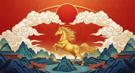 Red Sun, Auspicious Clouds, Mountains and Rivers, Horse Map