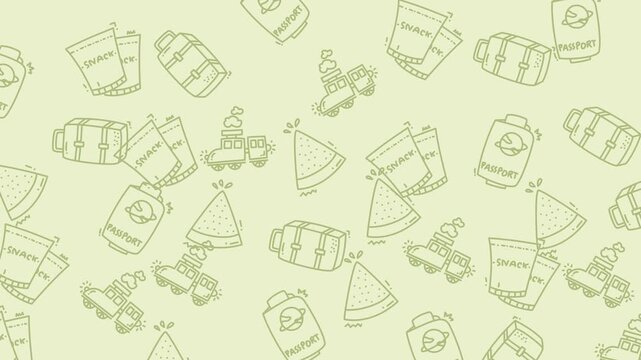 Seamless Repeating Pattern of Minimalist Line Art Travel Objects and Summer Snacks on Light Green Background