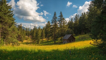 Naklejka premium Stunning view of a pine woodland nestled in a mountain gorge under a bright sky with clouds