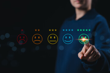 Customer feedback and satisfaction concept. Person selecting five-star happy face rating from digital smile scale, symbolizing positive user experience, evaluation, service quality and market research