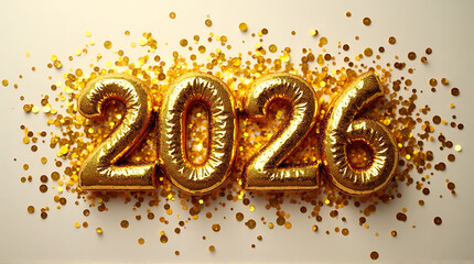 Golden foil balloons forming the year 2026, surrounded by shimmering gold confetti.