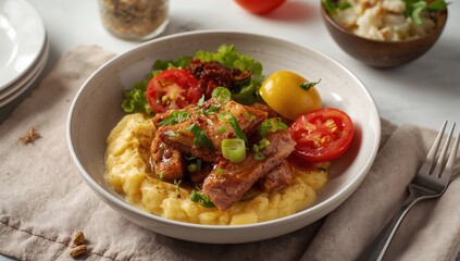 Complex lunch featuring mashed potatoes, meat, and salad, emphasizing a protein-rich meal