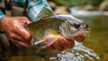 A close-up of a person's hand holding a fish, showcasing its unique colors and patterns, set against a natural, flowing river background.