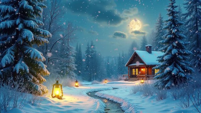 Warm light glows from a wooden cabin in a snow-covered forest. Lanterns illuminate the path along a frozen stream under a bright full moon and softly falling snow.