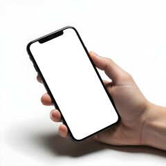 Hand holding modern smartphone with blank white screen, mockup template