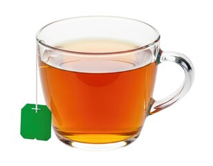 Glass mug of tea with green tea bag transparent background cutout png