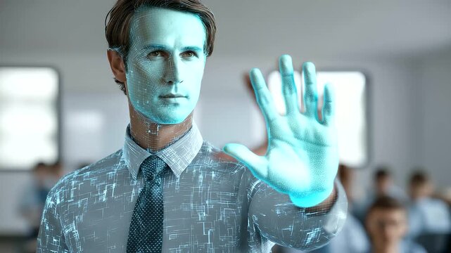 male educator demonstrating augmented reality physics simulation to class muted gasps interactive modern teaching cinematic color correction, gentle backlight, clean negative space, high quality