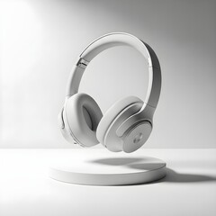 Sleek white over ear headphones floating above a minimal white pedestal.
