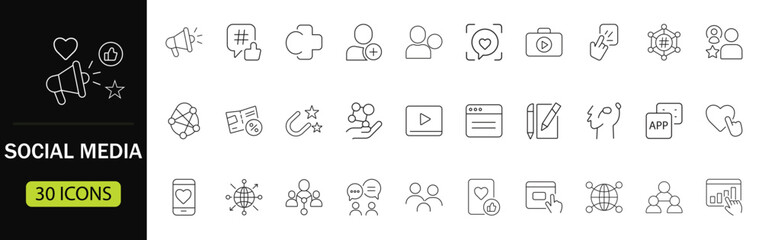 Social Media Web line Icon Set. Social network linear icons including like, share, blog, comment, media, website, content, business marketing for communication and UI design. Vector illustration.