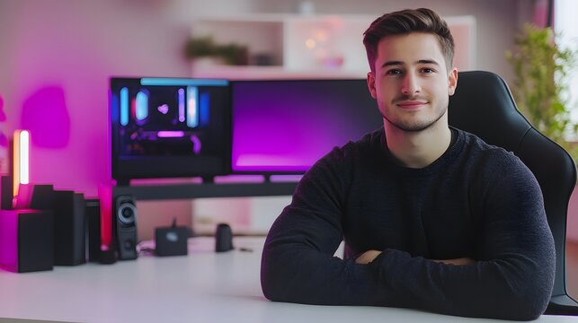 Smiling man sitting at RGB gaming setup with computer monitors at night