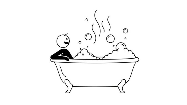 A stick figure joyfully reaches for bubbles in a steaming, sudsy bathtub with steam rising
