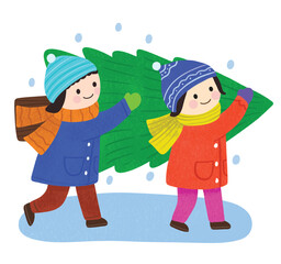 Illustration of Children Carrying Christmas Tree in Winter