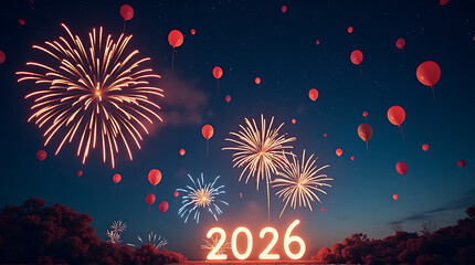 Festive night scene with fireworks illuminating the sky above the year 2026, and red balloons.