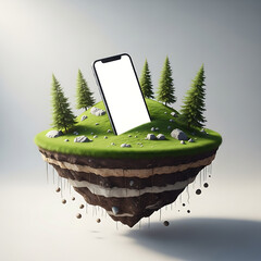 Smartphone on a floating island with trees, representing tech integration