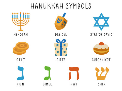 Hanukkah symbols set with traditional menorah, dreidel, star, gelt, gift and sufganiyot. Vector icons for the Festival of Eight Candles or Festival of Lights design