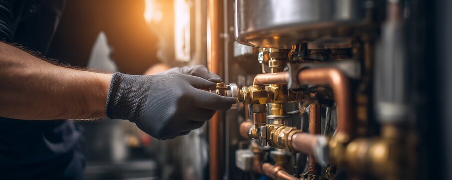 A technician's hands clad in gloves adjusting brass pipes and fittings on complex machinery, concept for plumbing maintenance, industrial repair and manufacturing process