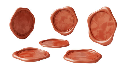 A collection of realistic red wax seals in various shapes and sizes, isolated on a clean white background.