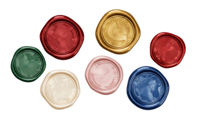 A collection of seven colorful wax seals with embossed designs, arranged on a white background.