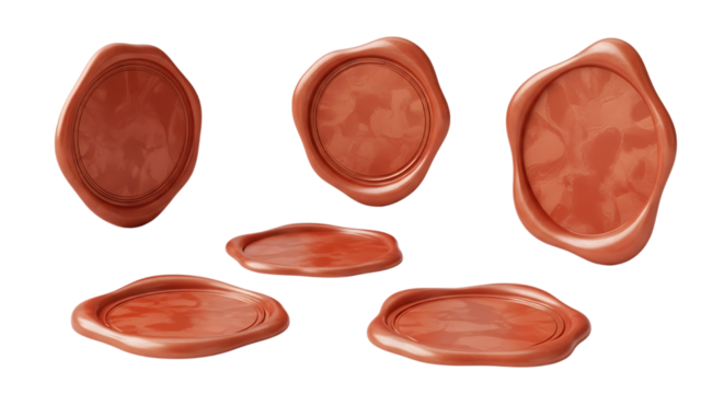 A collection of realistic red wax seals in various shapes and sizes, isolated on a clean white background.